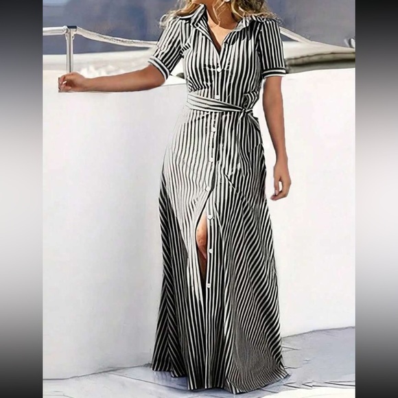 Boho Stripe Print Short Sleeve Collar Button Down Shirt Maxi Dress Black White - Picture 1 of 5